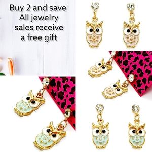 2 sets gold pink and blue crystal owl earrings